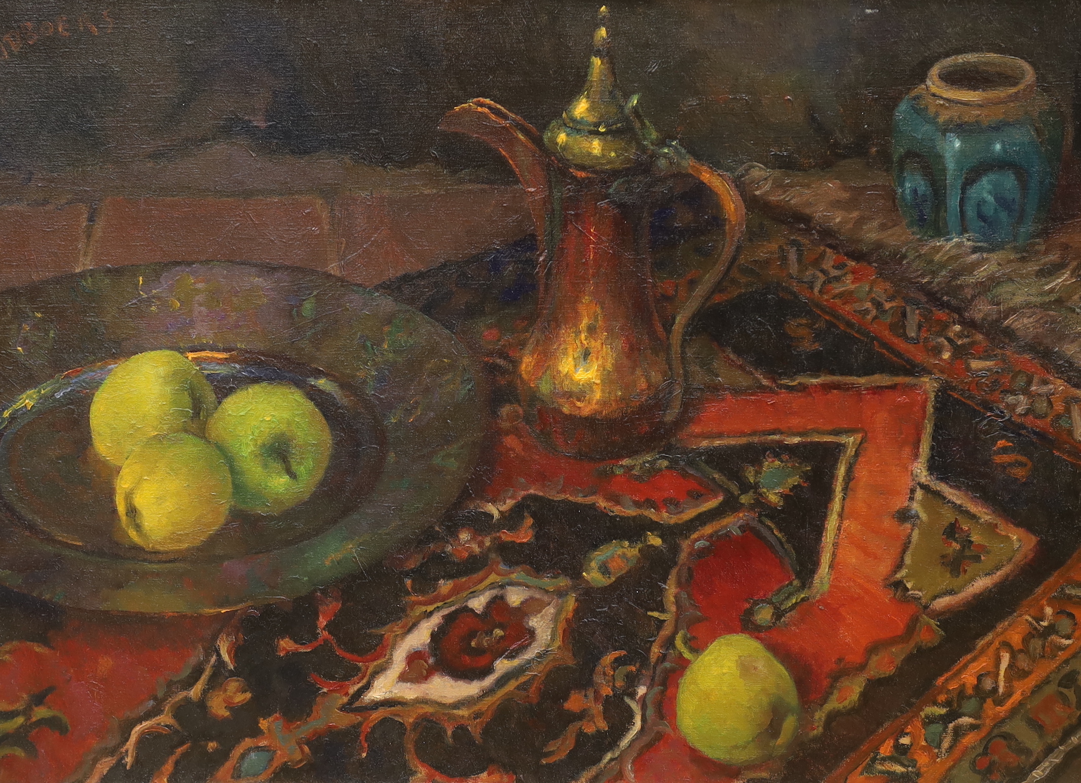 Two Dutch oils on canvas, Still lifes of fruit and vessels, one framed, largest 82 x 60cm